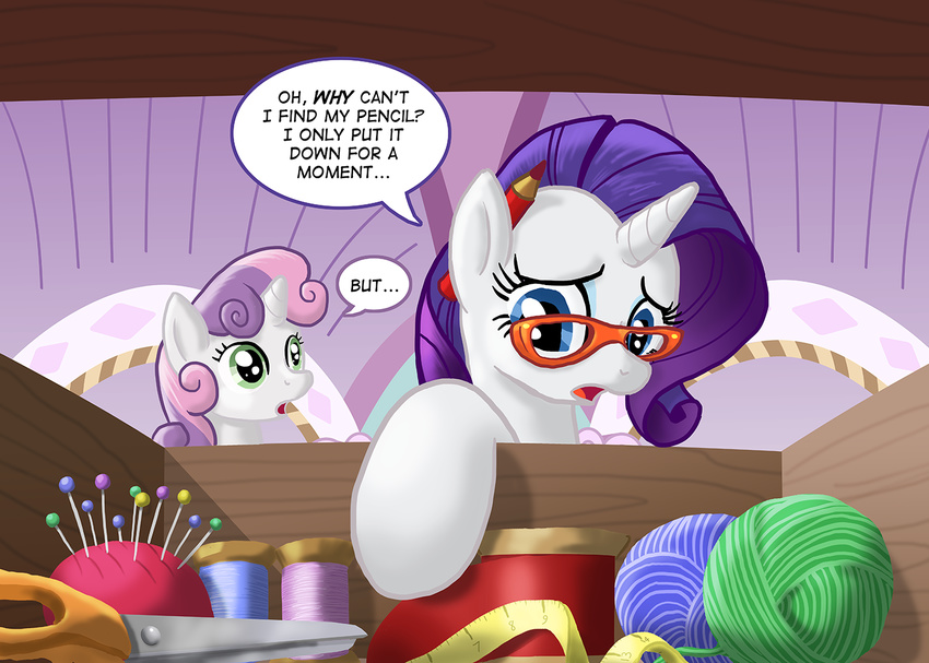 cub dialog english_text equine eyewear female feral friendship_is_magic fur glasses green_eyes hair horn horse mammal muffinshire my_little_pony pony purple_hair rarity_(mlp) scissors sweetie_belle_(mlp) text unicorn white_fur young