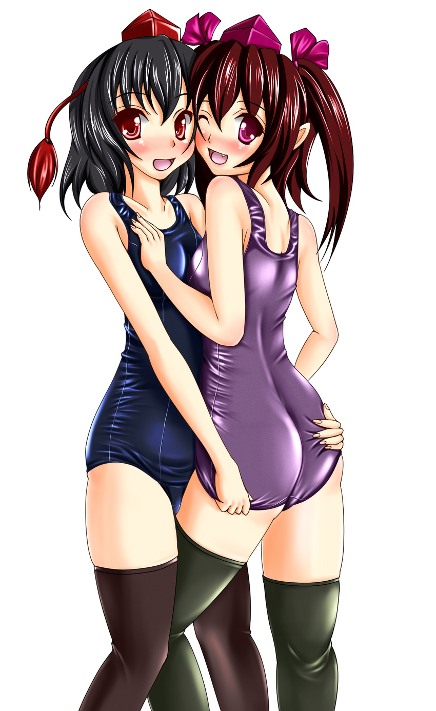 ass ass_grab bad_id bad_pixiv_id black_hair blush brown_hair collarbone fang flat_ass grabbing_another's_ass groping hat highres himekaidou_hatate multiple_girls one-piece_swimsuit open_mouth purple_eyes red_eyes school_swimsuit shameimaru_aya shiny shiny_clothes short_hair skindentation smile swimsuit tera_hiroshi thighhighs tokin_hat touhou twintails white_background