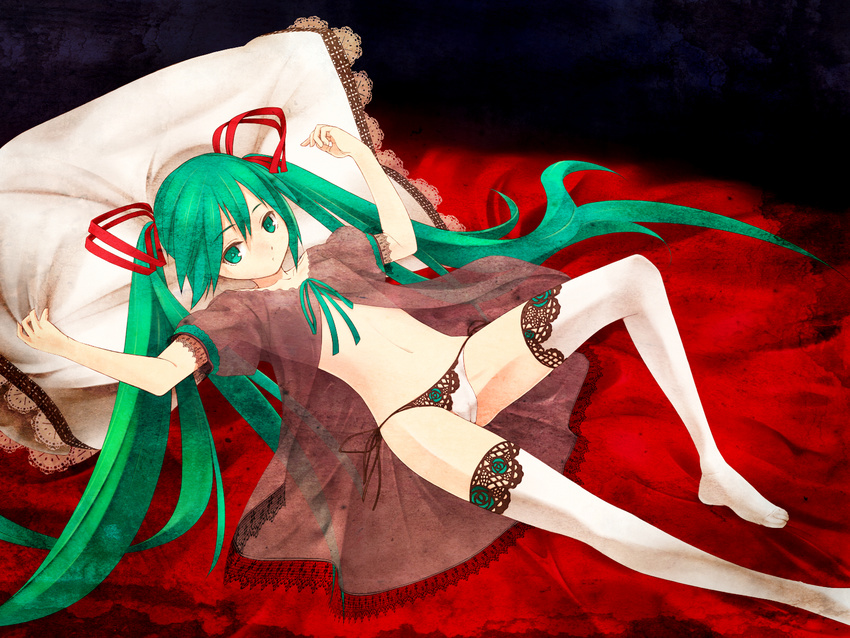 green_eyes green_hair hatsune_miku highres lace lace-trimmed_thighhighs long_hair lying pillow solo thighhighs twintails very_long_hair vocaloid