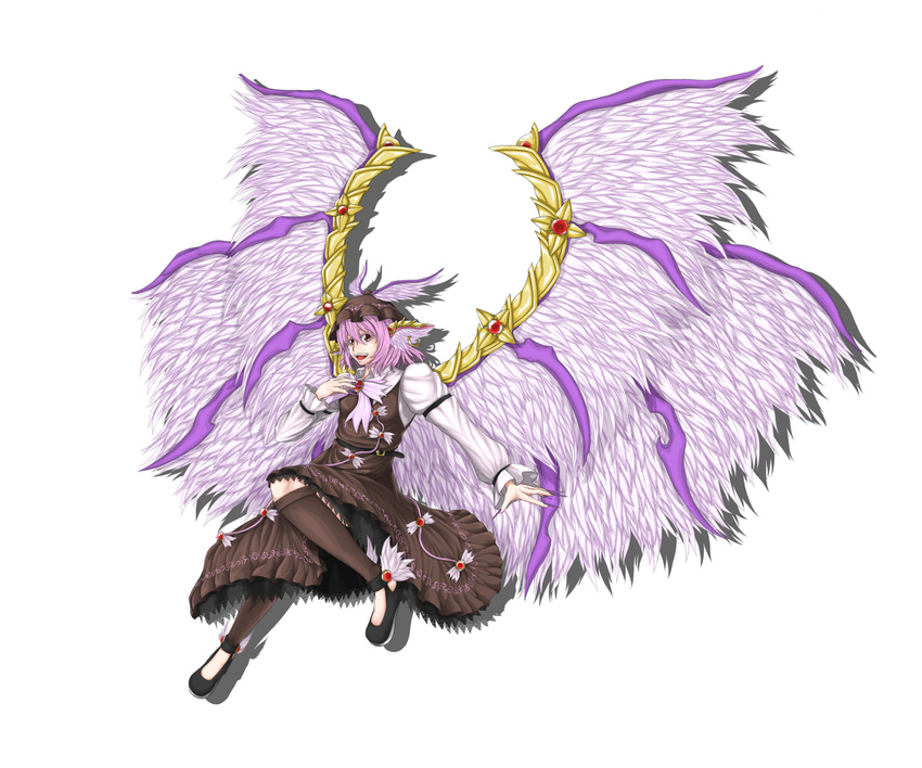 alternate_wings animal_ears arm_strap belt brown_dress dress full_body hand_on_own_chest hat lace large_wings leg_warmers multiple_wings mystia_lorelei open_mouth pink_hair shoes short_hair solo touhou winged_shoes wings wise0120