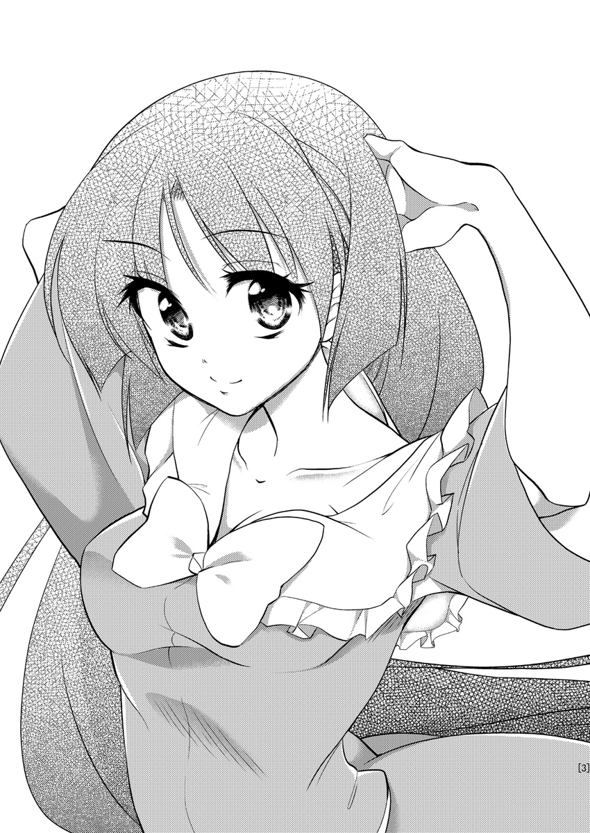 bow collarbone greyscale hachi_(chihagura) highres hime_cut houraisan_kaguya long_hair monochrome scan smile solo touhou very_long_hair wide_sleeves
