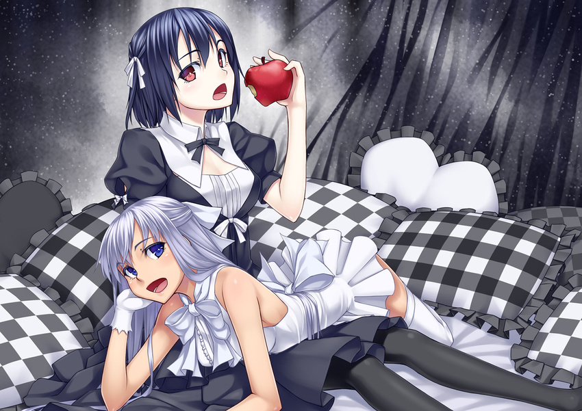 :d apple arm_support bare_shoulders black_legwear blue_hair checkered colored_eyelashes dress food frilled_pillow frills fruit gloves h_kasei half_updo holding long_hair looking_at_viewer lying multiple_girls on_lap on_stomach open_mouth original pantyhose pillow red_eyes short_hair silver_hair sleeveless sleeveless_dress smile thighhighs white_gloves white_legwear zettai_ryouiki