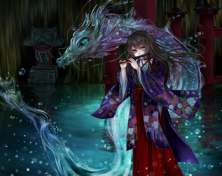 blacksio dragon highres japanese_clothes original shrine solo water