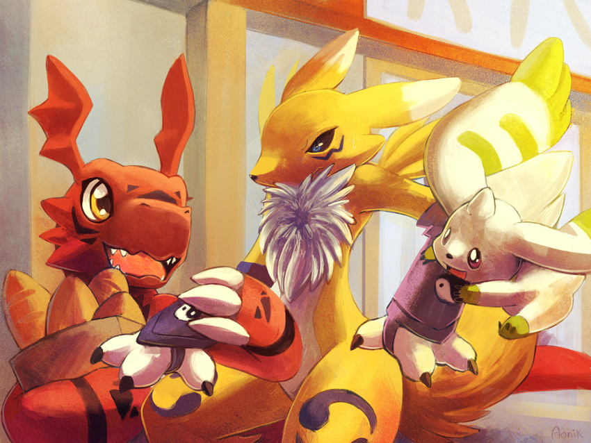 aonik black_eyes black_sclera blue_eyes bread claws creature digimon digimon_tamers food fur guilmon highres horn monster no_humans open_mouth renamon sharp_teeth smile sweatdrop tail teeth terriermon yellow_eyes yin_yang