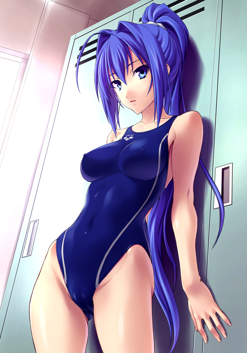 arena_(company) blue_eyes blue_hair breasts cameltoe competition_swimsuit covered_nipples dutch_angle hair_intakes hayase_mitsuki highres impossible_clothes kimi_ga_nozomu_eien large_breasts locker long_hair norizou_type-r one-piece_swimsuit ponytail skin_tight solo swimsuit very_long_hair