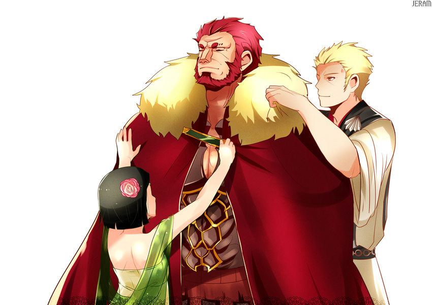 2boys armor beard black_hair blonde_hair bob_cut facial_hair fate/zero fate_(series) flower genderswap genderswap_(mtf) hair_flower hair_ornament ionioi_hetairoi jeran_(ggokd) multiple_boys red_eyes red_hair rider_(fate/zero) robe short_hair toga waver_velvet