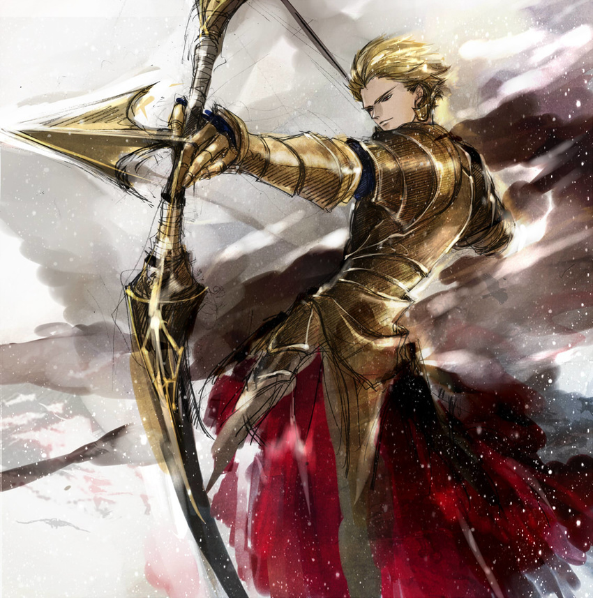 arrow blonde_hair bow_(weapon) drawing_bow fate/stay_night fate_(series) gilgamesh holding holding_arrow holding_bow_(weapon) holding_weapon male_focus noudondon red_eyes sketch solo weapon