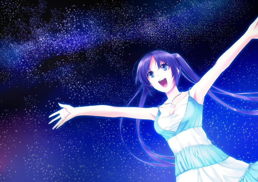 blue_eyes blue_hair breasts kyougoku_touya long_hair medium_breasts night open_mouth original outstretched_arms sky smile solo star_(sky) starry_sky