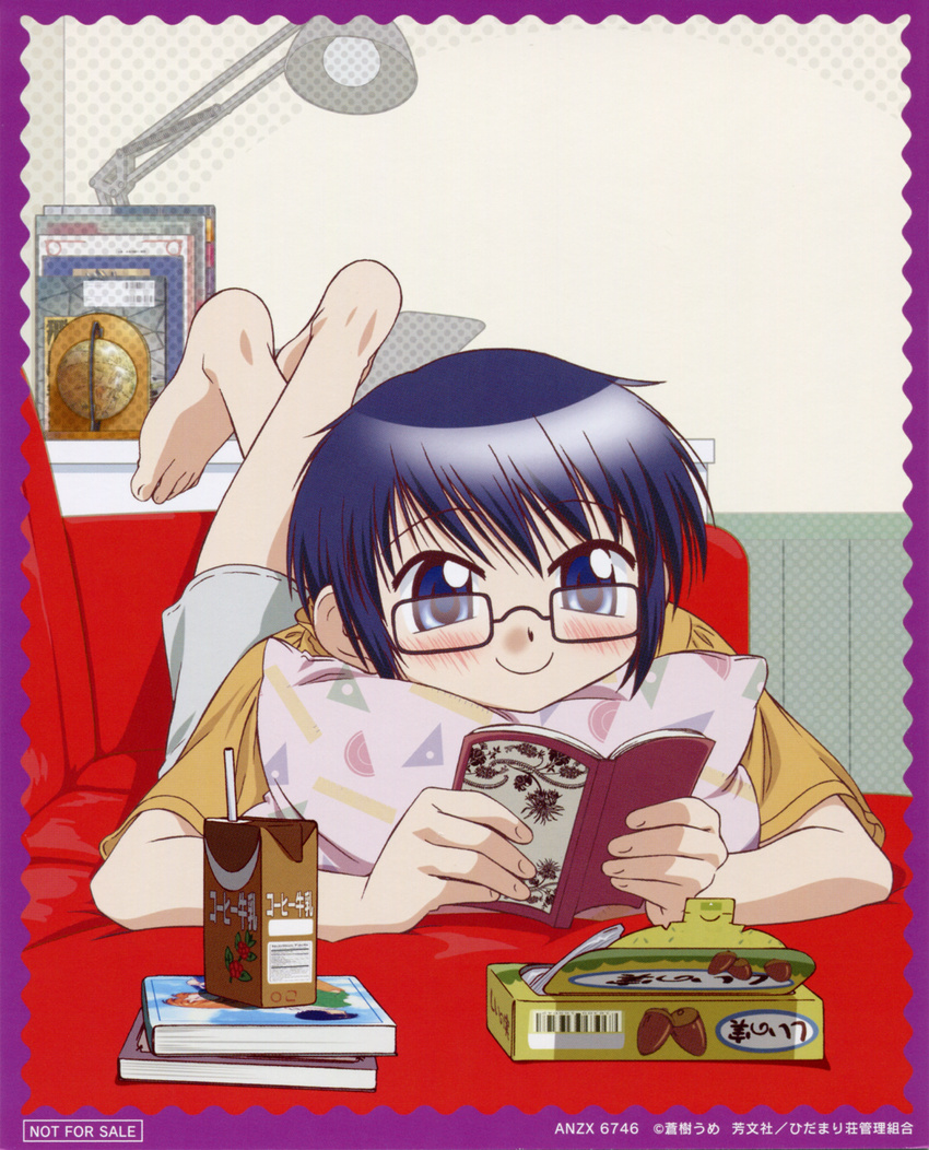 absurdres artist_request barefoot blue_eyes blue_hair blush casual couch glasses hidamari_sketch highres juice_box official_art pillow pillow_hug reading sae scan smile solo