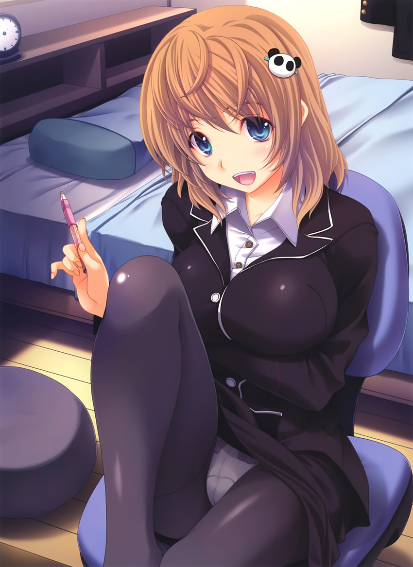 :d absurdres bed blue_eyes breasts brown_hair chair clock crotch_seam hair_ornament highres holding knee_up large_breasts looking_at_viewer miyama-zero my_sensei office_chair open_mouth panda panda_hair_ornament panties panties_under_pantyhose pantyhose pillow scan short_hair sitting smile solo underwear white_panties