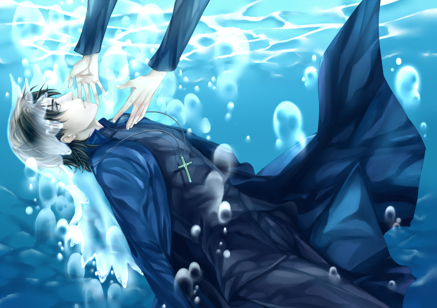 bad_id bad_pixiv_id brown_eyes brown_hair cassock cross cross_necklace falling fate/stay_night fate_(series) haruhikohiko jewelry kotomine_kirei necklace outstretched_arms underwater veil