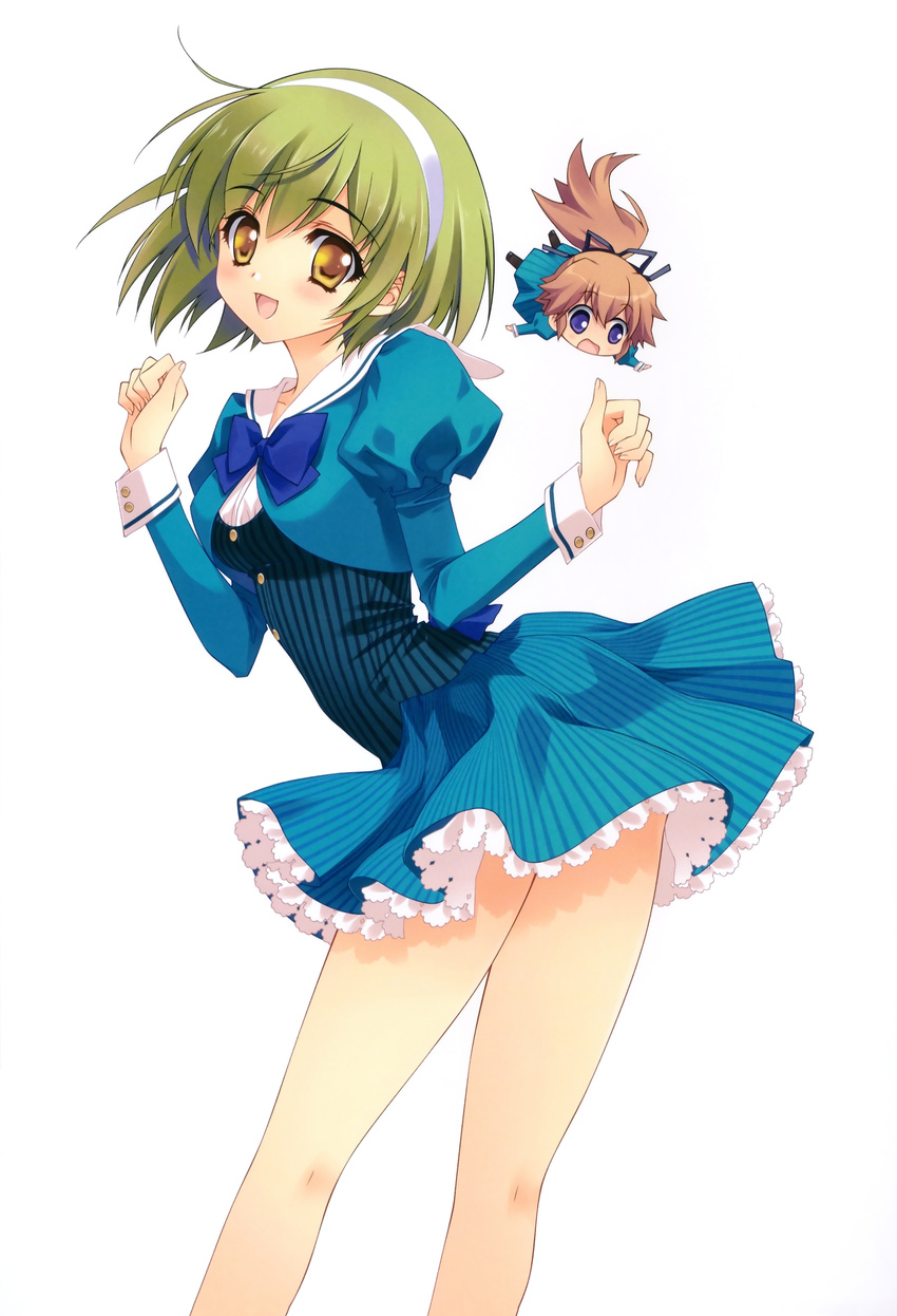 1girl :d absurdres brown_hair carnelian chibi green_hair hairband highres huge_filesize juliet_sleeves legs long_hair long_sleeves mix! mutsuki_aoi open_mouth otoko_no_ko ponytail puffy_sleeves purple_eyes sailor_collar school_uniform short_hair simple_background smile striped suwa_ranmaru vertical_stripes