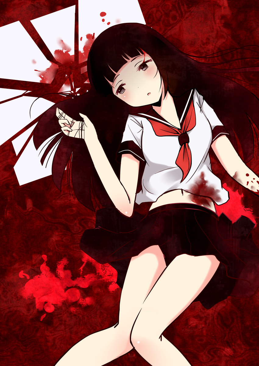 absurdres black_hair blood blue_eyes broken_mirror highres hime_cut kamekichi_(kamekiti) long_hair lying navel on_back original red_background school_uniform serafuku skirt solo