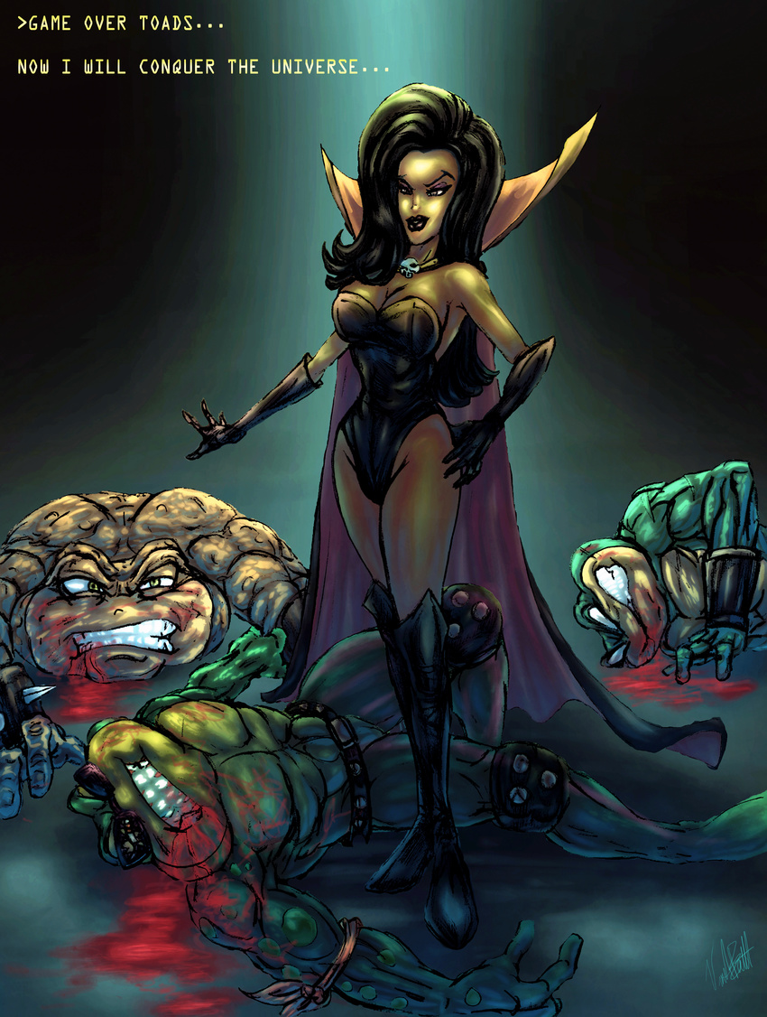 amphibian anthro battletoads belt big_breasts black_hair blood breasts cape cleavage clothed clothing dark_queen defeated english_text eyewear female hair hi_res human male mammal necklace pimple pimple_(battletoads) rash rash_(battletoads) skimpy smile sunglasses text tight_clothing toad vic55b video_games zitz zitz_(battletoads)