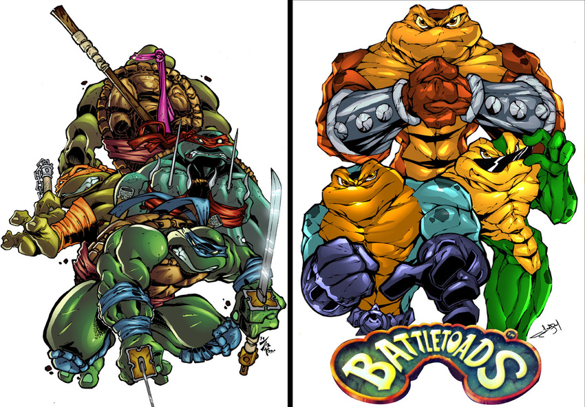 amphibian anthro armor battletoads belt biceps donatello_(tmnt) eyewear flexing gloves katana leonardo_(tmnt) male mask michelangelo_(tmnt) muscles nunchaku nunchuku pecs pimple pimple_(battletoads) polearm pose raphael_(tmnt) rash rash_(battletoads) reptile sai scalie staff sunglasses sword teenage_mutant_ninja_turtles thiagozero toad turtle weapon zitz zitz_(battletoads)