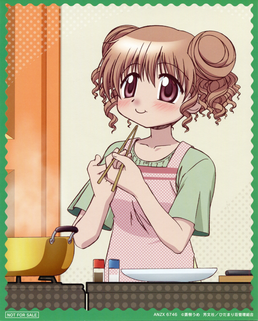 absurdres apron artist_request blush casual chopsticks cooking double_bun hidamari_sketch highres hiro official_art pink_hair red_eyes scan smile solo tasting