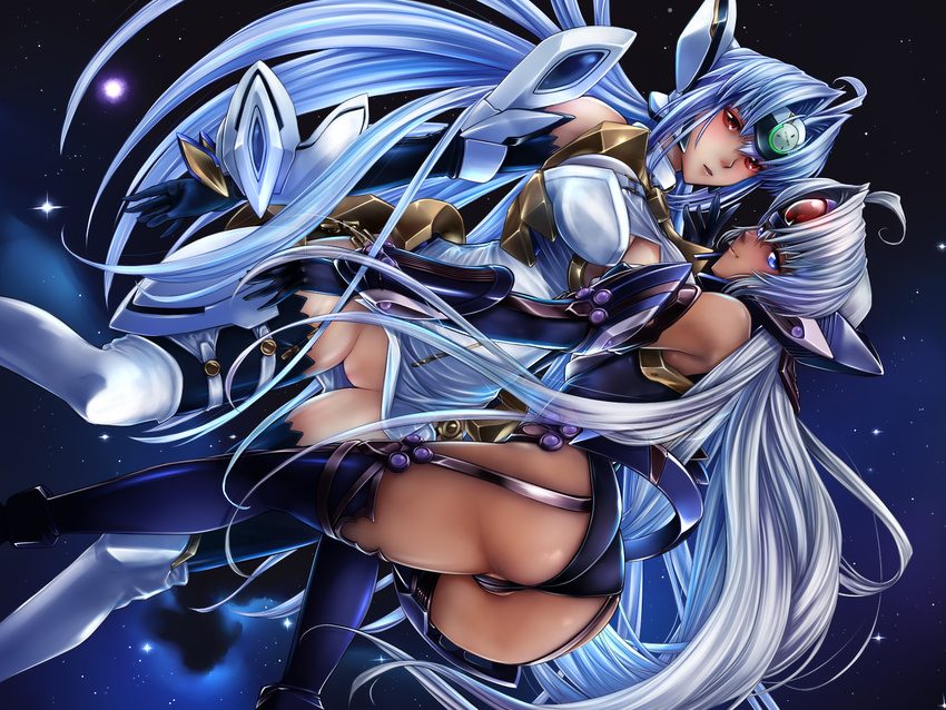 ahoge android armor ass bangs bare_shoulders belt black_legwear blue_eyes blue_hair breastplate cleavage_cutout cloud dark_skin dress dress_lift dutch_angle elbow_gloves faulds from_side garter_straps gloves halterneck headgear highres kos-mos kos-mos_ver._4 leaning_forward leotard long_hair looking_at_viewer looking_back multiple_girls night night_sky no_panties no_pussy outdoors parted_lips partially_visible_vulva red_eyes sentou_kaiiki short_dress silver_hair sky standing star star_(sky) starry_sky t-elos thigh_strap thighhighs thighs turtleneck vambraces very_long_hair wallpaper white_legwear xenosaga xenosaga_episode_iii