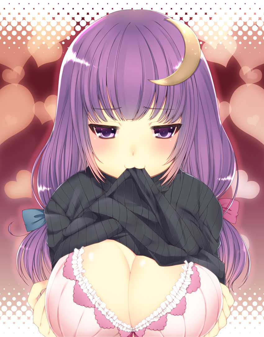 :3 bad_id bad_pixiv_id bra breasts cleavage crescent crescent_hair_ornament dancho_(dancyo) hair_ornament heart highres large_breasts long_hair mouth_hold patchouli_knowledge purple_eyes purple_hair ribbed_sweater shirt_lift solo sweater touhou underwear