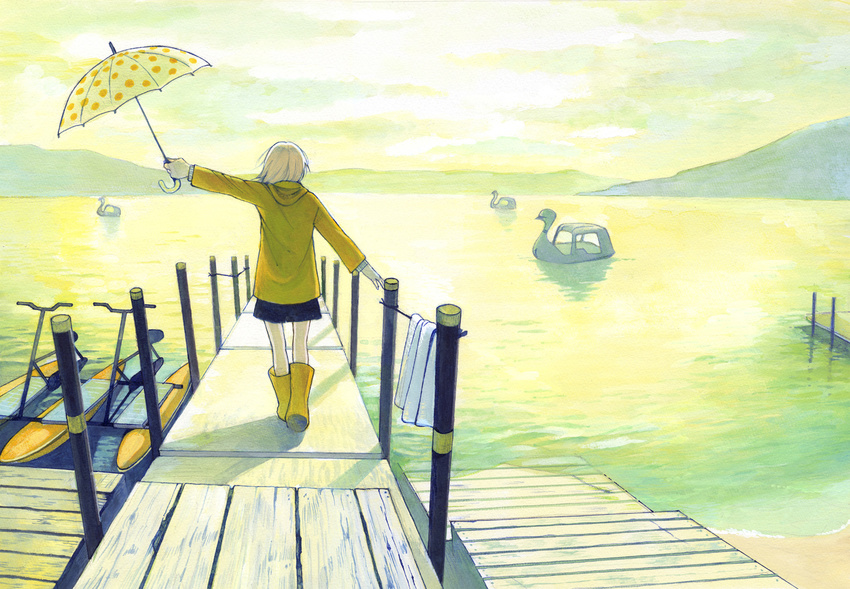 boots chika_(mysweetgarden) dock from_behind lake male_focus md5_mismatch original outstretched_arm polka_dot polka_dot_umbrella raincoat rubber_boots shorts solo standing swan_boat umbrella water yellow