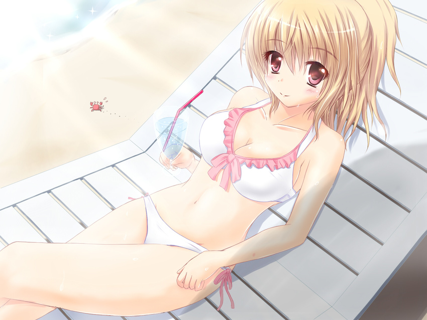 bangs bare_arms bare_shoulders bikini blonde_hair blush breasts chair cleavage collarbone commentary_request crab drink dutch_angle eyebrows_visible_through_hair frilled_bikini frills front-tie_bikini front-tie_top hair_between_eyes highres kilias large_breasts long_hair looking_at_viewer lounge_chair lying navel on_back original outdoors ponytail red_eyes shiny shiny_skin side-tie_bikini solo swimsuit