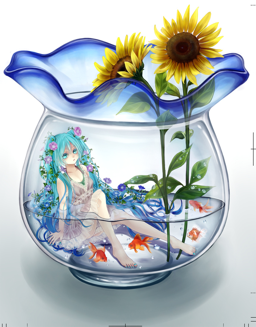 aqua_eyes aqua_hair barefoot blacksio dress feet fish fishbowl flower goldfish hair_flower hair_ornament hatsune_miku highres in_container long_hair looking_at_viewer minigirl morning_glory nail_polish oversized_object partially_submerged sitting solo sunflower toenail_polish twintails very_long_hair vocaloid water