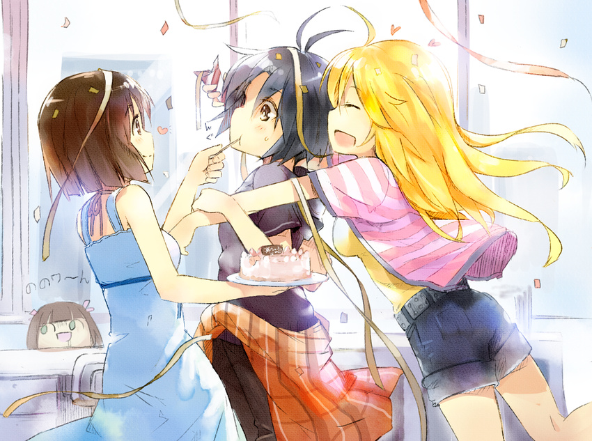 :d ^_^ ahoge black_hair blonde_hair brown_eyes brown_hair cake closed_eyes confetti dress eating food hagiwara_yukiho hoshii_miki idolmaster idolmaster_(classic) kikuchi_makoto multiple_girls nerima_(neconicoban) nonowa open_mouth party_popper short_hair shorts smile striped