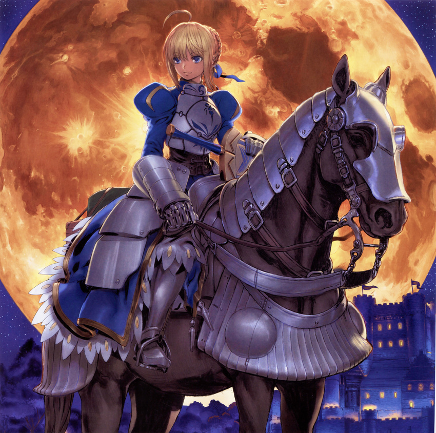 absurdres ahoge armor armored_dress artoria_pendragon_(all) avalon_(fate/stay_night) binding_discoloration blonde_hair blue_eyes braid castle fate/stay_night fate_(series) french_braid full_moon gauntlets hair_ribbon highres horse horseback_riding moon night night_sky ribbon riding saber sky sword weapon yasuda_akira yellow_moon