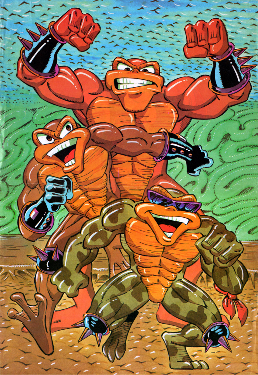 amphibian anthro armor battletoads biceps brown_eyes captainninja color eyewear flexing glasses gloves grin male muscles mutant pecs pimple pimple_(battletoads) pose rash rash_(battletoads) sunglasses toad topless video_games zitz zitz_(battletoads)