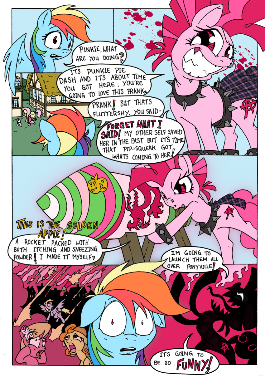angle_(mlp) building carrot_top_(mlp) clothing collar color comic cutie_mark derpy_hooves_(mlp) dialog dialogue english_text equine evil female feral fluttershy_(mlp) friendship_is_magic group hair horse lily_(mlp) mammal mohawkrex multi-colored_hair my_little_pony outside pegasus piercing pink_hair pinkamena_(mlp) pinkie_pie_(mlp) pony rainbow_dash_(mlp) rainbow_hair rocket smile spiked_collar text whysoseriouss wings