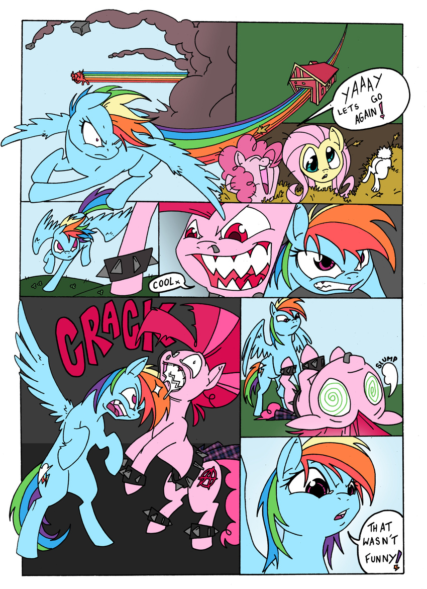 angle_(mlp) collar color comic cutie_mark dialog dialogue english_text equine female feral fluttershy_(mlp) friendship_is_magic hair hay horse mammal mohawkrex multi-colored_hair my_little_pony pegasus piercing pinkie_pie_(mlp) pony rainbow_dash_(mlp) rainbow_hair spiked_collar text unconscious whysoseriouss wings