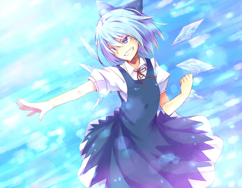 blue_eyes blue_hair bow cirno detached_wings grin hair_bow ice ice_wings puffy_sleeves satsumi short_hair short_sleeves smile solo touhou wings