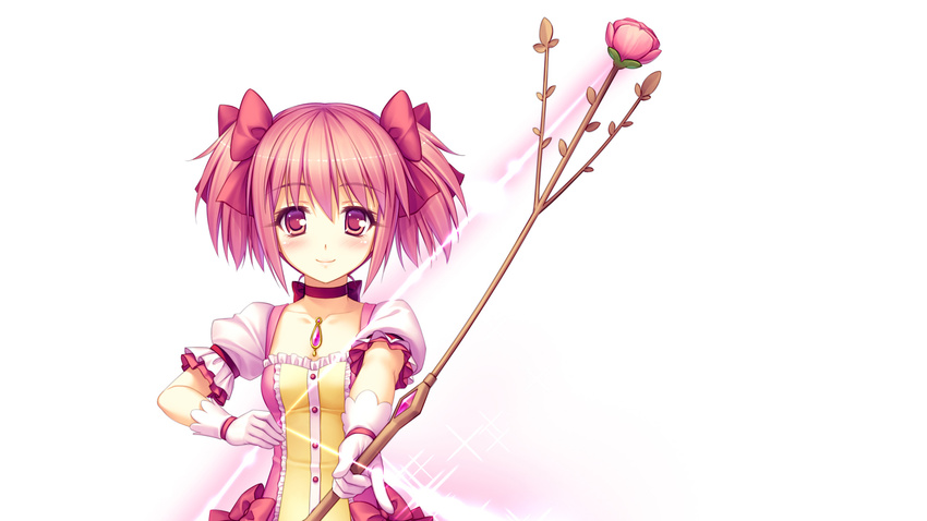 bow cropped hair_ribbon highres kaname_madoka magical_girl mahou_shoujo_madoka_magica pink_eyes pink_hair ribbon sayori short_hair short_twintails smile twintails wallpaper