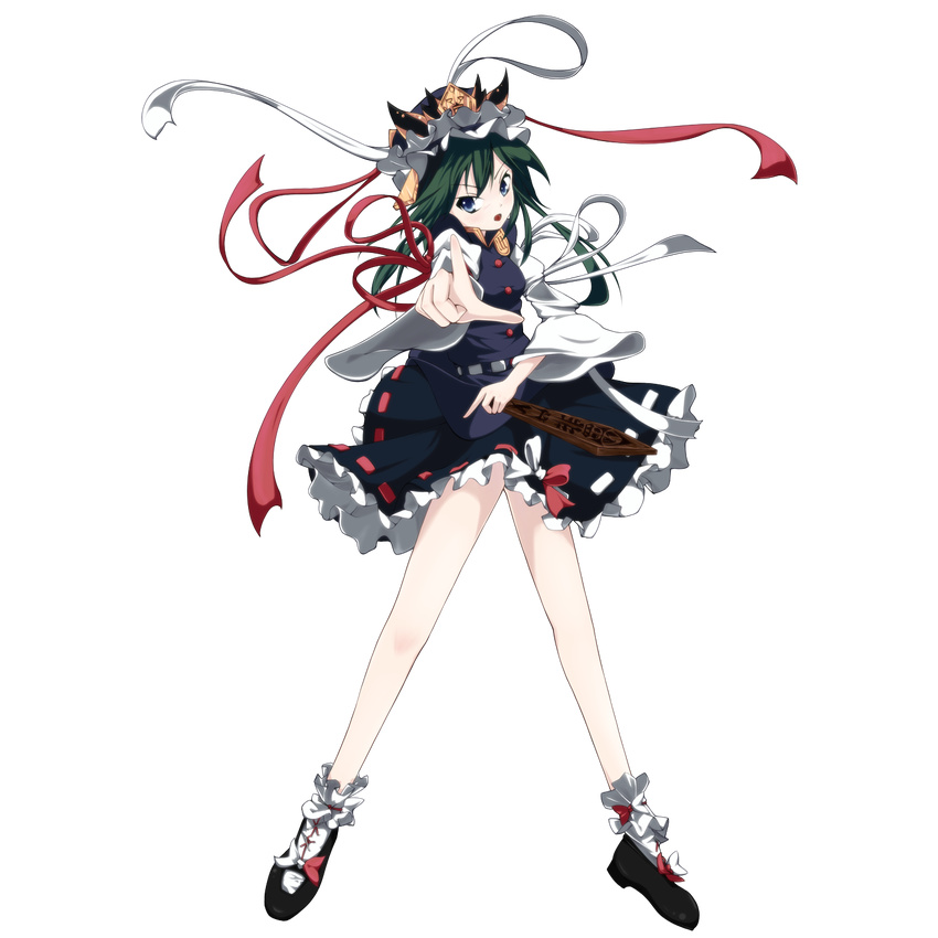 blue_eyes frilled_legwear frills full_body green_hair hat highres ilis long_sleeves open_mouth pointing rod_of_remorse shiki_eiki short_hair socks solo touhou transparent_background wide_sleeves