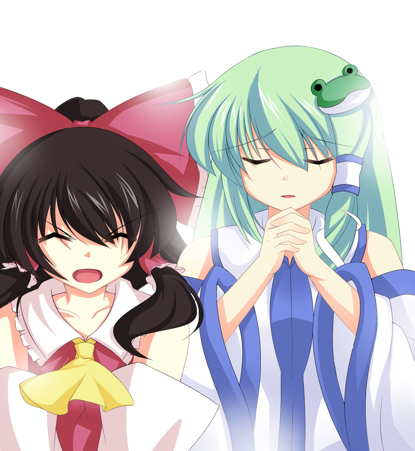 ascot bow brown_hair closed_eyes collarbone detached_sleeves frog_hair_ornament green_hair hair_bow hair_ornament hair_tubes hakurei_reimu hands_clasped highres kazami_chiu kochiya_sanae long_hair multiple_girls open_mouth own_hands_together short_hair touhou wide_sleeves