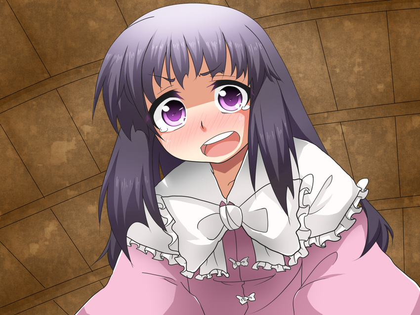 bad_id bad_pixiv_id black_hair blush bow collarbone hime_cut houraisan_kaguya long_hair looking_at_viewer maita open_mouth puffy_sleeves purple_eyes solo tears touhou