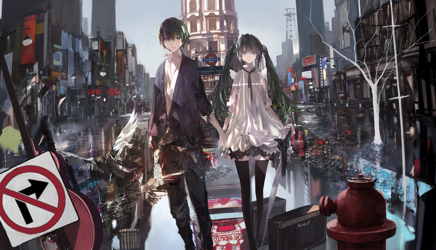 1girl cityscape day green_eyes green_hair hatsune_miku highres holding_hands lin+ london london_underground long_hair outdoors reflection road_sign sign skirt sky thighhighs twintails vocaloid zettai_ryouiki