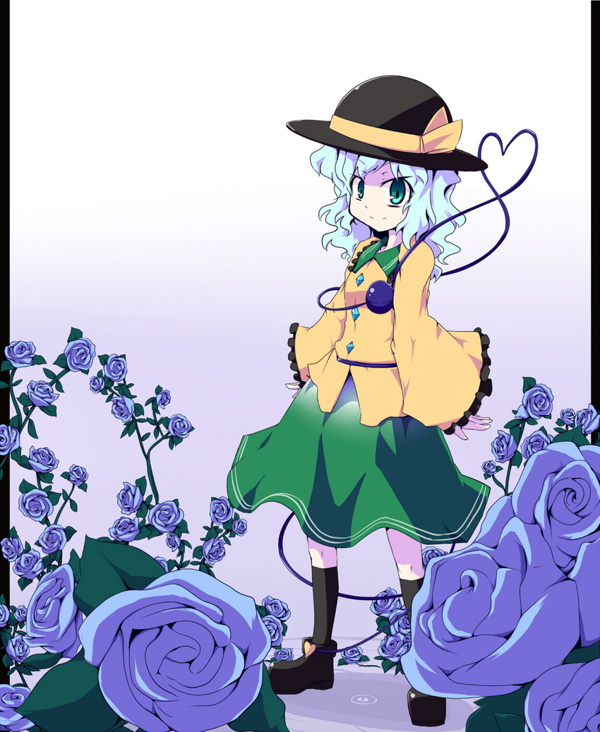 aho blue_flower blue_rose closed_eyes flower green_eyes green_hair hat heart highres komeiji_koishi long_sleeves rose short_hair smile solo standing third_eye touhou wide_sleeves