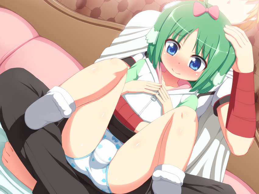 1girl alternate_costume animal_ears blonde_hair blue_eyes blush bow bow_panties cape collarbone dog_days dog_ears dog_girl eclair_martinozzi green_hair hair_bow heart heart_panties heart_print hood hoodie panties pantyshot pantyshot_(sitting) petting print_panties shinku_izumi short_hair sitting smile socks solo_focus spread_legs tachimi_(basue) underwear upskirt white_panties younger zipper