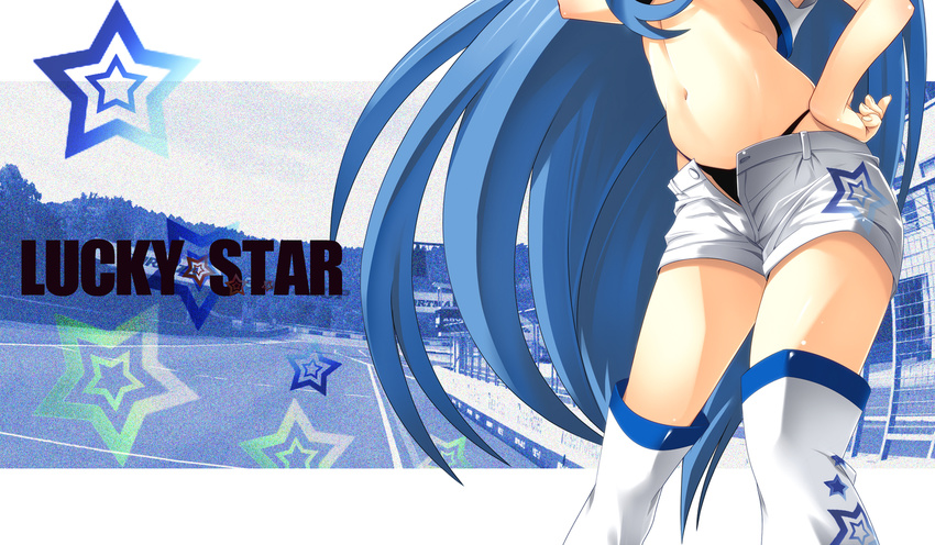 1girl artist_request blue_hair boots flat_chest hand_on_hip head_out_of_frame izumi_konata long_hair lucky_star midriff open_clothes open_shorts panties race_queen racetrack shorts solo star stars text thigh_boots thighhighs thong underwear vest