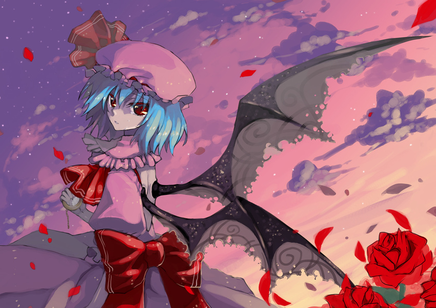 ascot bat_wings blue_hair esythqua flower hat hat_ribbon petals pocket_watch puffy_sleeves red_eyes remilia_scarlet ribbon rose short_hair short_sleeves slit_pupils solo tears touhou watch wings