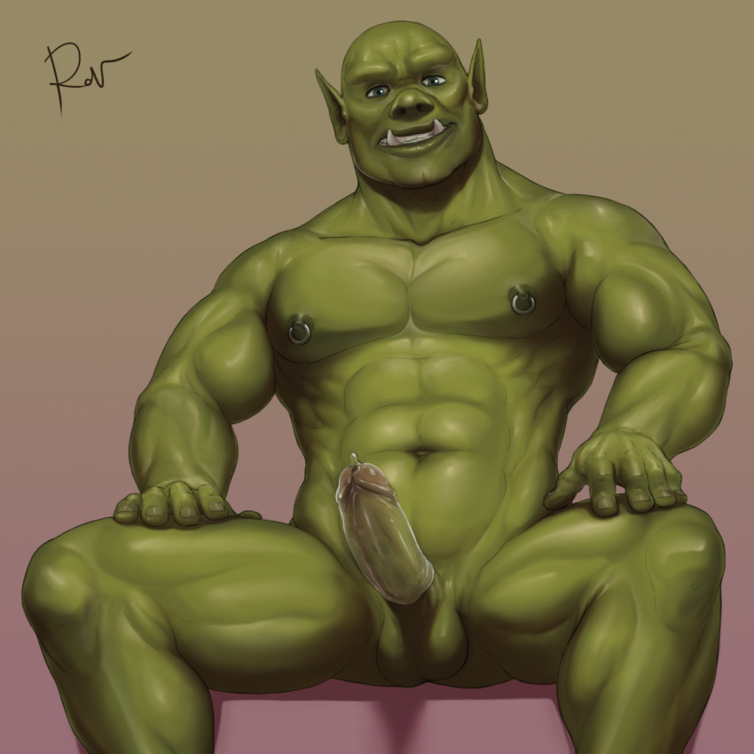2018 abs bald blue_eyes bulge clothing condom erection green_skin grin humanoid humanoid_penis looking_at_viewer male muscular nipple_piercing nipples nude orc pecs penis piercing pointy_ears rov simple_background sitting smile solo tusks