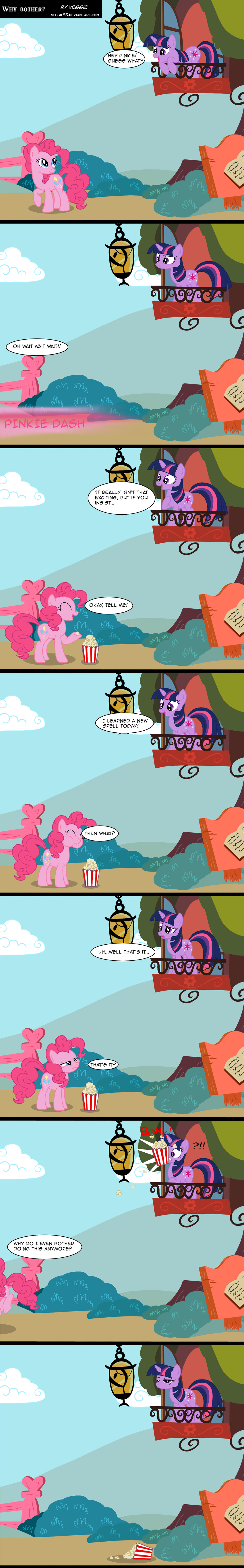 book bushes cloud clouds comic cutie_mark dialog dialogue eating english_text equine eye_contact female fence feral food friendship_is_magic fur grass hair horn horse lantern mammal my_little_pony outside pink_eyes pink_fur pink_hair pinkie_pie_(mlp) pony popcorn purple_eyes purple_fur sky text tree twilight_sparkle_(mlp) two_tone_hair unicorn veggie55 wood