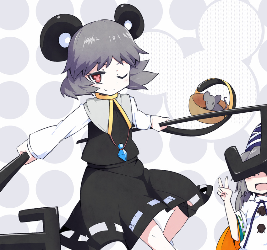 aho animal animal_ears basket capelet closed_eyes dowsing_rod dual_wielding grey_hair hat holding japanese_clothes jewelry kariginu long_sleeves mononobe_no_futo mouse mouse_ears mouse_tail multiple_girls nazrin one_eye_closed open_mouth pendant red_eyes short_hair smile symbol-shaped_pupils tail tate_eboshi touhou wide_sleeves