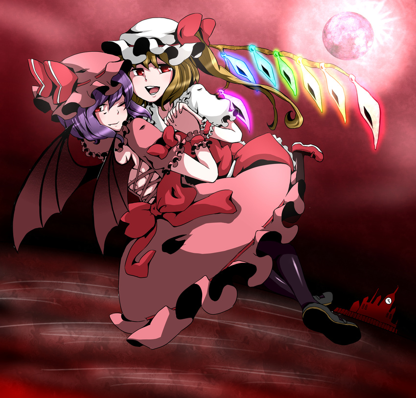 bad_id bad_pixiv_id bat_wings blonde_hair blue_hair bow crystal flandre_scarlet hat hat_bow highres holding_hands maita moon multiple_girls one_eye_closed open_mouth puffy_sleeves red_eyes red_moon remilia_scarlet scarlet_devil_mansion short_hair short_sleeves siblings side_ponytail sisters smile touhou wings wrist_cuffs