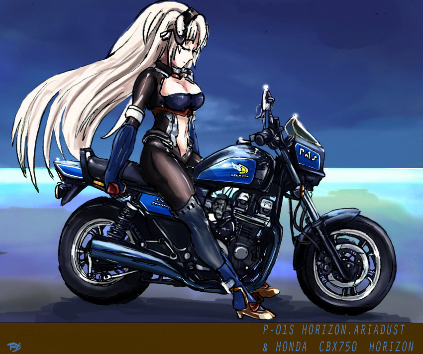 1girl black_legwear bodysuit boots eyes_closed female horizon_ariadust kyoukai_senjou_no_horizon kyoukaisenjou_no_horizon motor_vehicle motorcycle solo thigh_boots thighhighs thrux vehicle white_hair