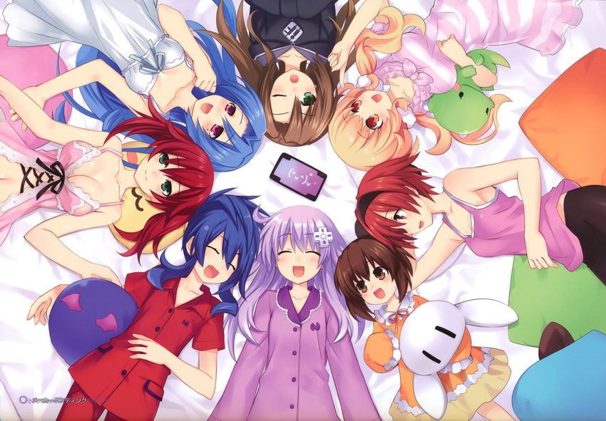 6+girls :d ;o absurdres babydoll bare_shoulders blue_hair blush blush_stickers bow breasts brown_eyes brown_hair cave_(choujigen_game_neptune) character_name choujigen_game_neptune_mk2 circle_formation cleavage closed_eyes compa d-pad emblem emoticon falcom_(choujigen_game_neptune) fang frills from_above green_eyes gust_(choujigen_game_neptune) hair_ornament hairband highres if_(choujigen_game_neptune) large_breasts long_hair long_sleeves looking_at_another low_twintails lying medium_breasts mole multiple_girls nepgear neptune_(series) nippon_ichi_(choujigen_game_neptune) official_art on_back on_side one_eye_closed open_mouth orange_eyes orange_hair pajamas pink_eyes pointing purple_hair red_hair ribbon short_hair short_sleeves sleepwear sleeveless sleeves_past_wrists smile stuffed_toy swirl tsunako twintails |_|
