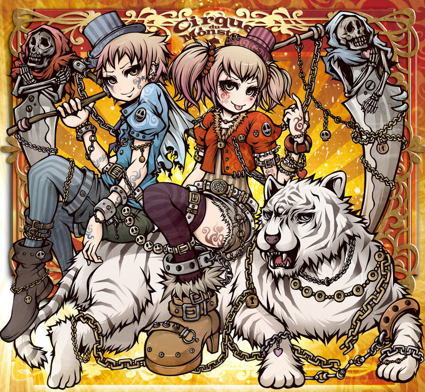 1girl :p belt bracelet brother_and_sister brown_eyes brown_hair chain cirque_du_monster copyright_name futago_no_shinigami_adam_&amp;_eva hat heart jewelry official_art project.c.k. scythe short_hair shorts siblings sitting skeleton skull striped striped_legwear tattoo thighhighs tiger tongue tongue_out twins twintails