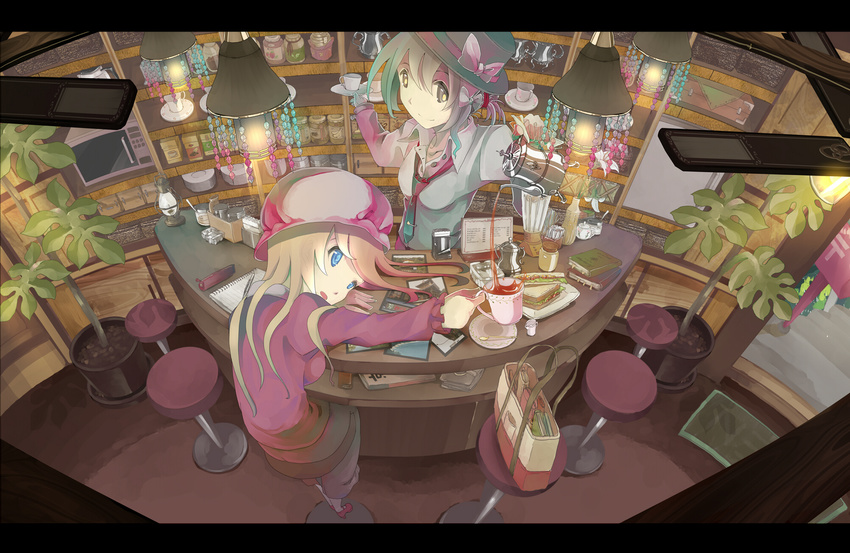 bad_id bad_pixiv_id bag bar bar_stool barista beads blender blonde_hair blouse blue_eyes book bow brown_eyes brown_hair ceiling_fan cup decantering dress_shirt flower food from_above hair_bow hair_ribbon hair_tie handbag hat hat_ribbon highres holding holding_cup japanese_postal_mark jar lantern letterboxed lights lily_(flower) long_hair long_sleeves loose_necktie maribel_hearn microwave multiple_girls necktie notepad open_mouth photo_(object) plant plate potted_plant pouring ribbon sandwich saucer shelf shirt short_hair short_ponytail sitting smile spoon standing stool tea teacup teapot tokoroten_(hmmuk) touhou unbuttoned usami_renko vase wallet wing_collar
