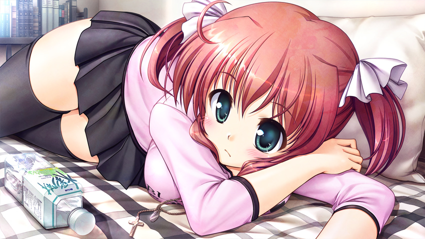 ahoge bekkankou black_legwear black_skirt blanket blush bottle breasts casual cross daitoshokan_no_hitsujikai game_cg green_eyes hair_ribbon kodachi_nagi large_breasts lying miniskirt on_stomach pink_shirt red_hair ribbon shirt short_twintails skirt solo thighhighs twintails water_bottle zettai_ryouiki