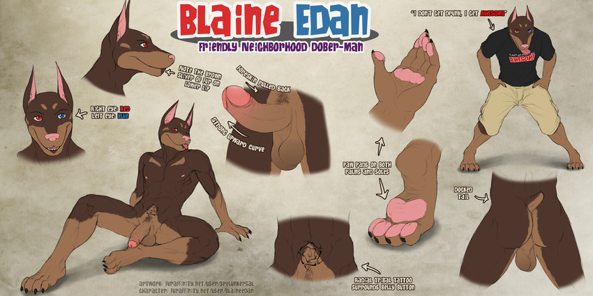 abs anthro balls biceps big_penis blaine blaine_edan blue_eyes brown_fur butt canine claws clothing doberman dog erection fur heterochromia male mammal model_sheet muscles nipples nude paws pecs penis pose red_eyes shirt shorts sitting solo spelunker_sal tattoo thick_penis toe_claws uncut vein